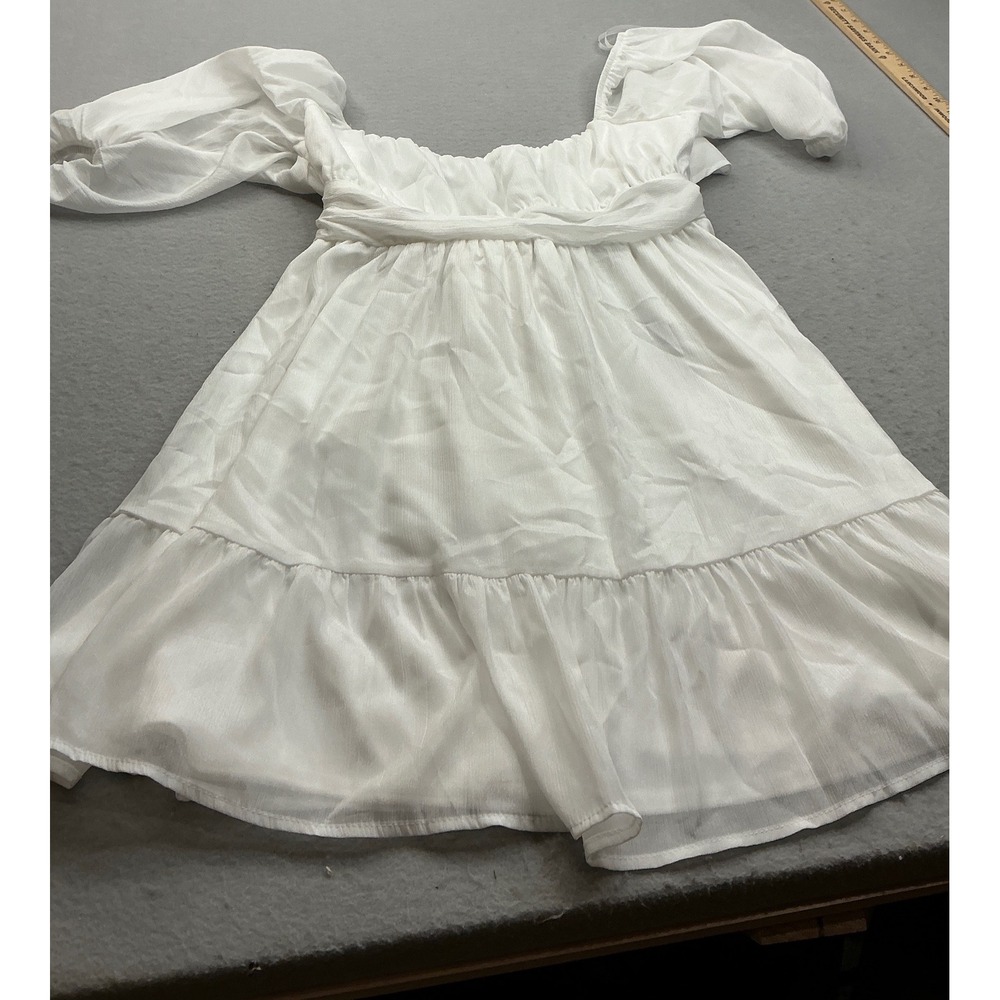 Lulus White Off-The-Shoulder Mini Dress Puff Sleeve Tiered Ruffle Size M NWT
